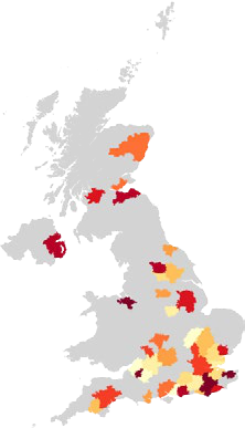 Choropleth map of the UK showing data distribution across regions with color intensity, from light yellow to dark red.