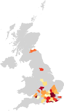 Choropleth map of the UK showing data distribution across regions with color intensity, from light yellow to dark red.