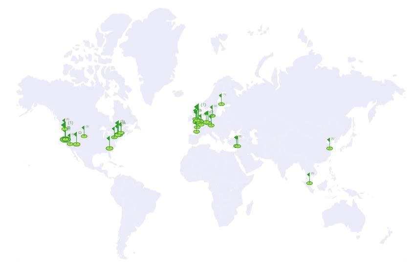 A world map marked with green flag icons, many containing numbers, indicating specific locations or data points across continents.