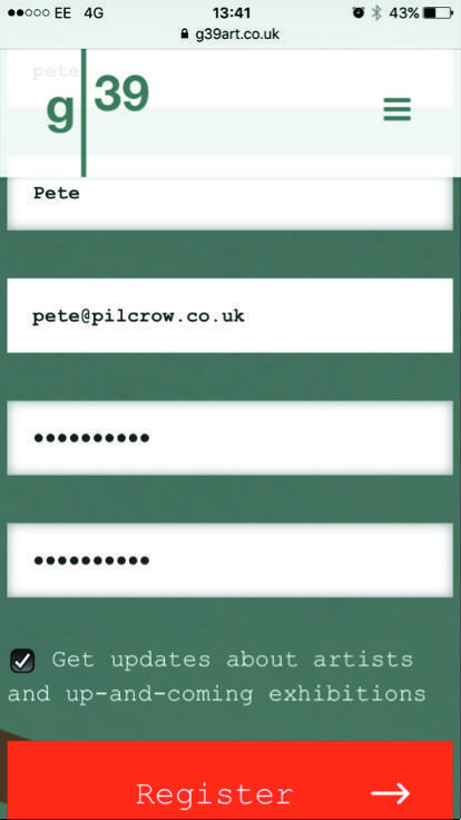 Mobile phone screenshot of the g39art.co.uk registration form with filled-in user details for Pete and masked passwords.