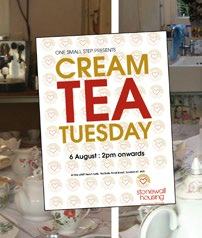 Event poster for 'Cream Tea Tuesday' on August 6th at 2pm onwards, featuring a heart pattern and the Stonewall Housing logo.