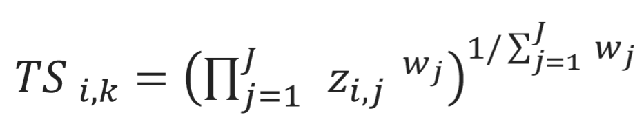 Mathematical formula for TS sub i,k equals the product of (z sub i,j to the power of w sub j) for j from 1 to J, all raised to the power of (1 divided by the sum of w sub j for j from 1 to J).