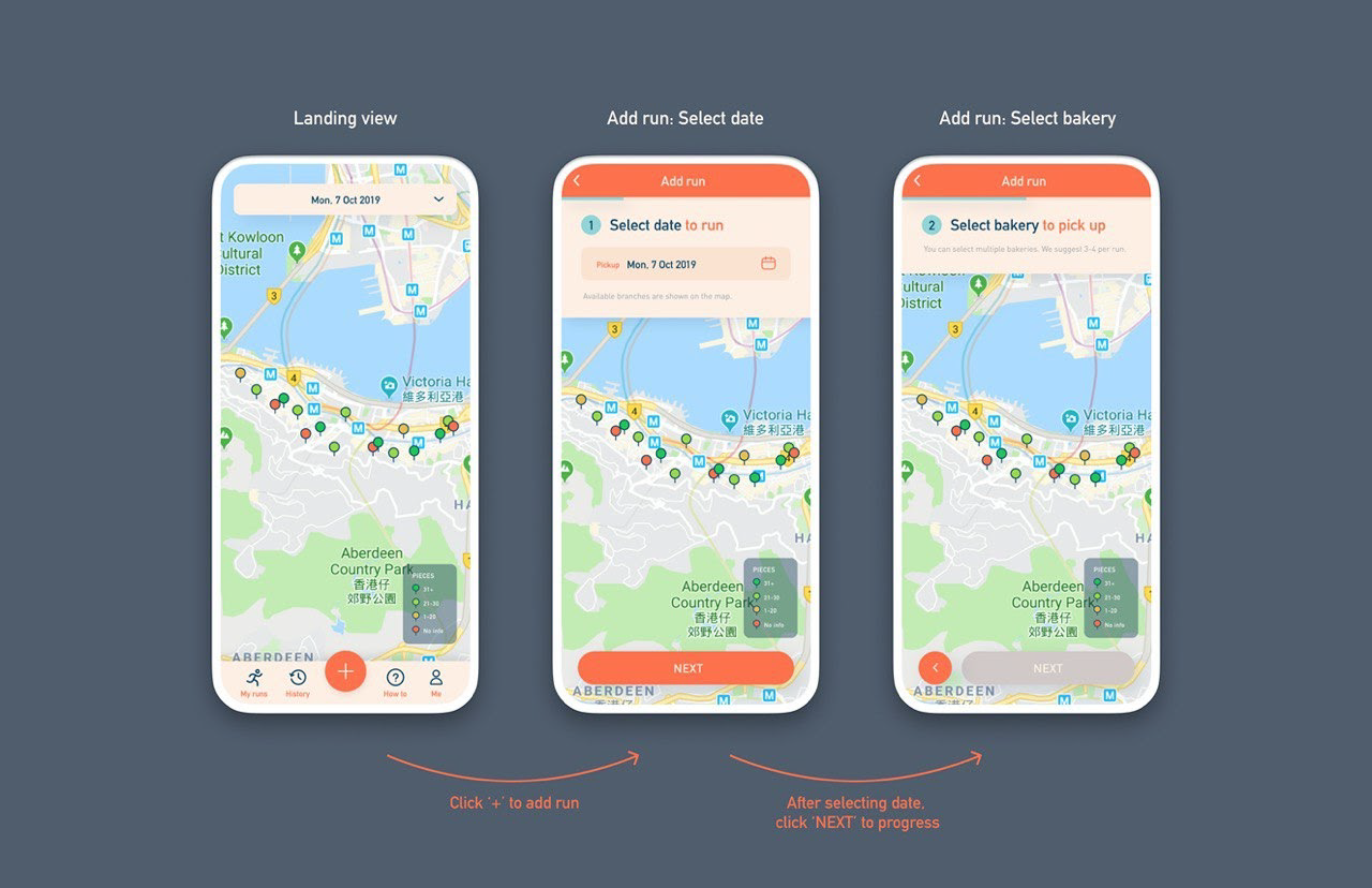 Three smartphone screenshots demonstrating an app's user flow for adding a run, from landing view to selecting date and bakery.