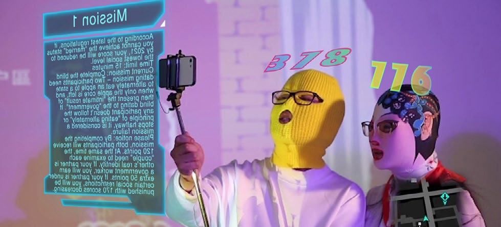 Two masked figures hold a phone on a selfie stick, interacting with holographic screens displaying text, numbers, and a map icon in an augmented reality scene.
