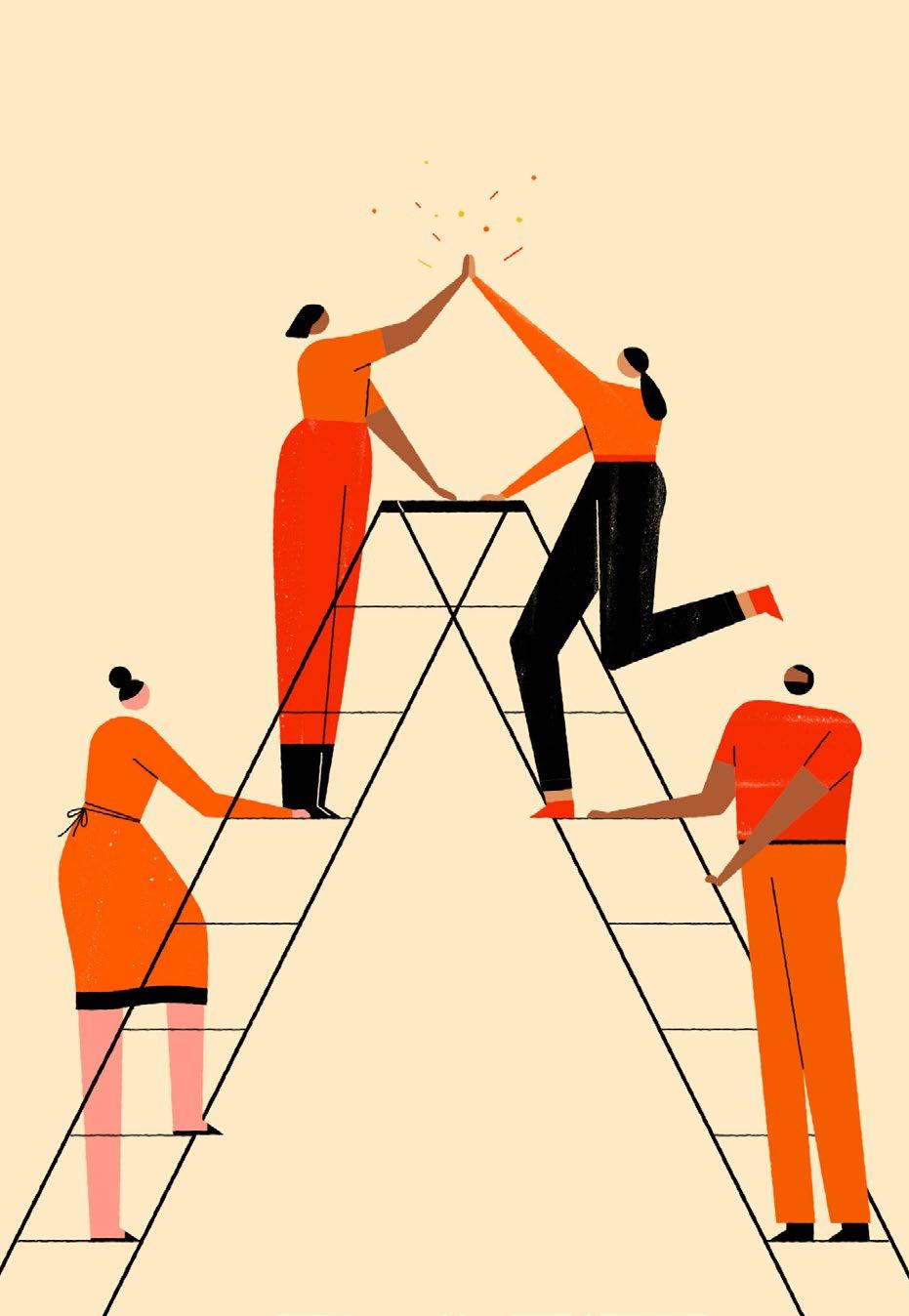 Illustration of four people climbing ladders, with two at the top high-fiving, symbolizing teamwork and achievement.
