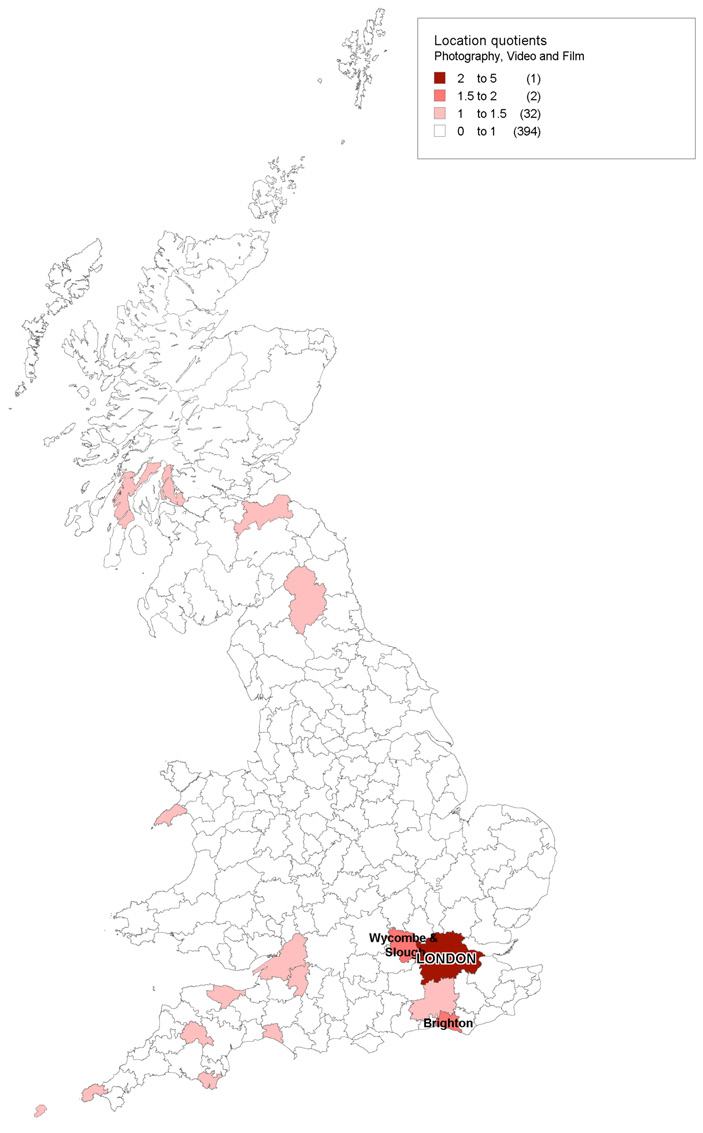 Map of UK showing location quotients for photography, video, and film, with areas shaded by concentration.