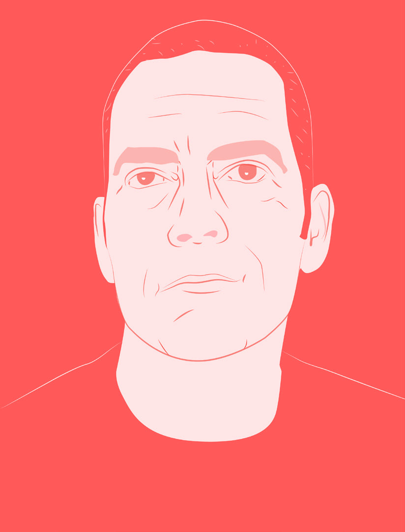 Stylized portrait of a man with short hair and a serious expression, rendered in two shades of orange.