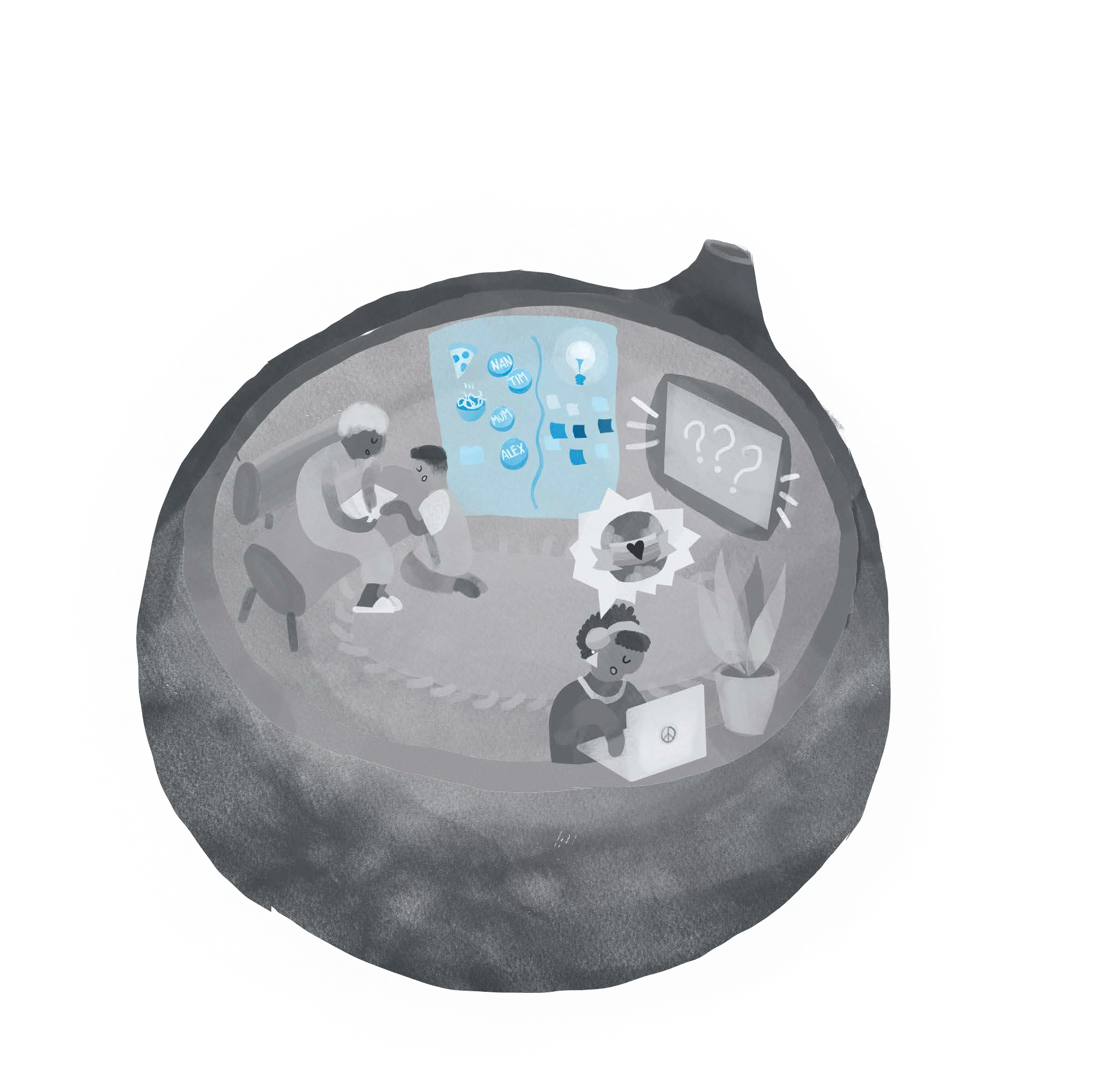 Illustration of an enclosed space depicting collaboration, brainstorming on a board with names, a person working on a laptop, and a screen with question marks.