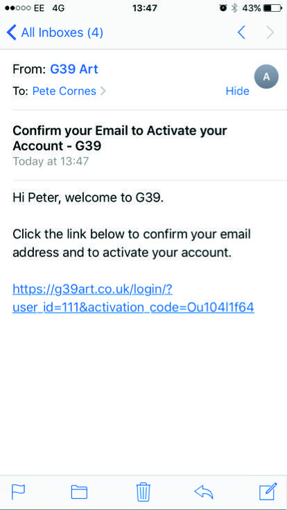 Mobile phone screenshot of an email from G39 Art to Pete Cornes, asking to confirm email and activate the account with an activation link.