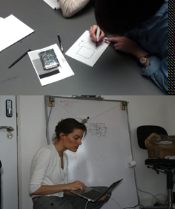 Two scenes showing design or work activities: a person sketching on paper, and a woman working on a laptop with a whiteboard in the background.