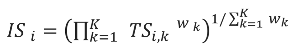Mathematical formula for IS sub i equals the product of (TS sub i,k to the power of w sub k) for k from 1 to K, all raised to the power of (1 divided by the sum of w sub k for k from 1 to K).
