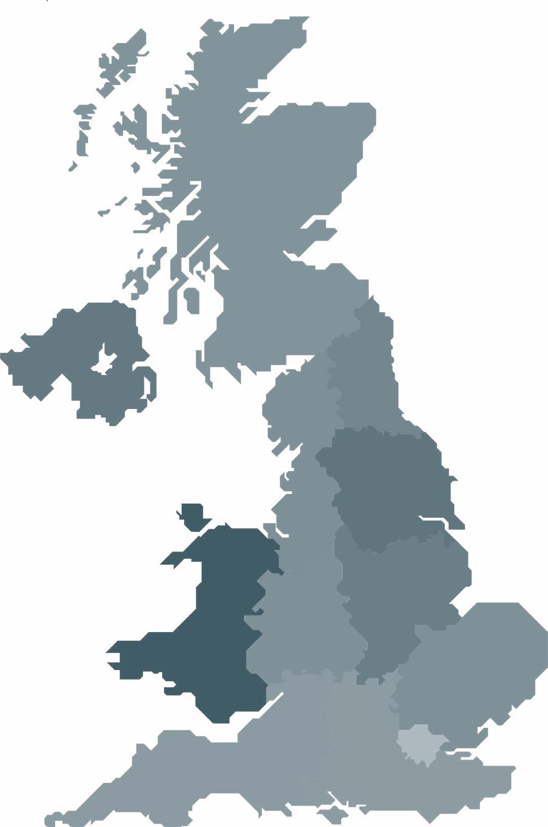Map of the United Kingdom and Ireland, divided into regions shown in various shades of gray, likely representing data or administrative boundaries.