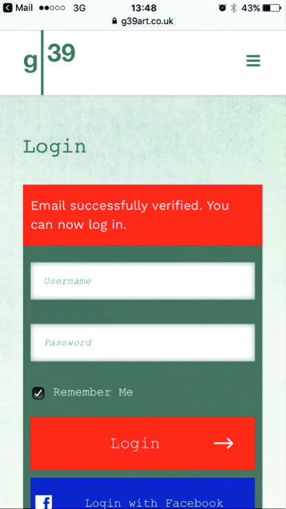 Mobile phone screenshot of the g39art.co.uk login page, showing an "Email successfully verified" message and fields for username and password.