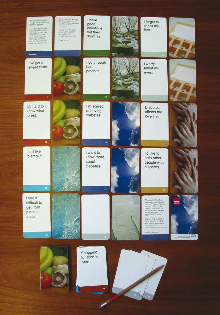 A grid of cards on a wooden table, featuring text and images related to health and diabetes, such as "I've got a sweet tooth" and "I'm scared of having diabetes".