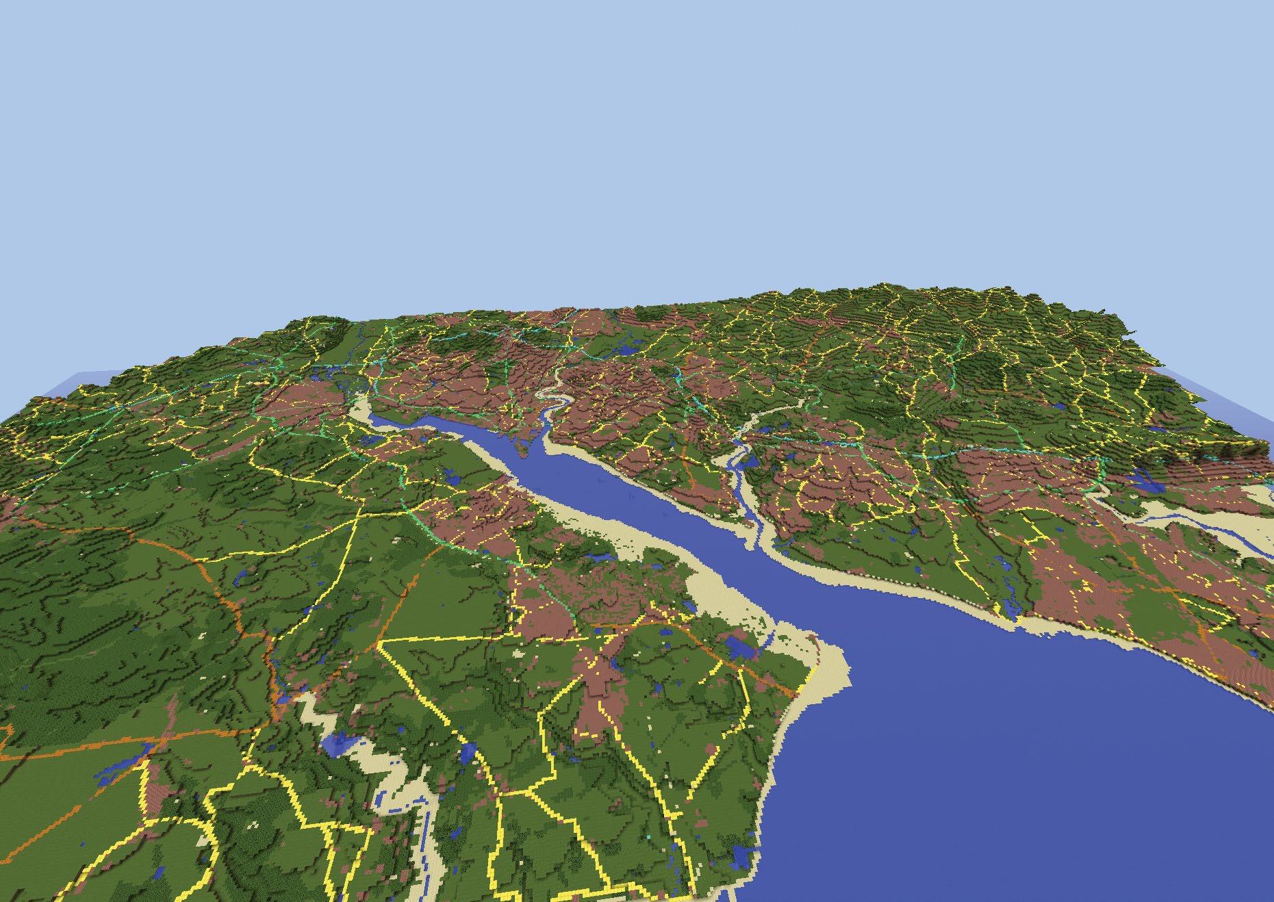 A 3D pixelated map, resembling Minecraft, showing a city landscape with a winding river, built-up areas, and green spaces.