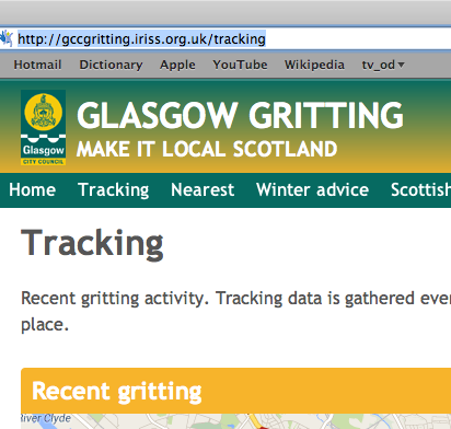 Screenshot of Glasgow Gritting website tracking page, mentioning "Recent gritting activity" and showing a map.
