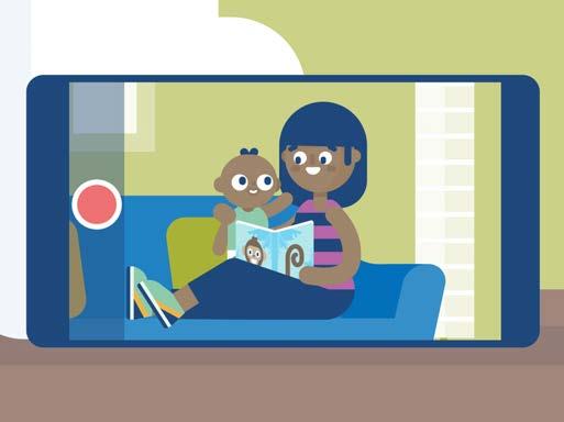 Smartphone screen showing a mother reading a book to a baby on a couch, with a red record button indicating video.