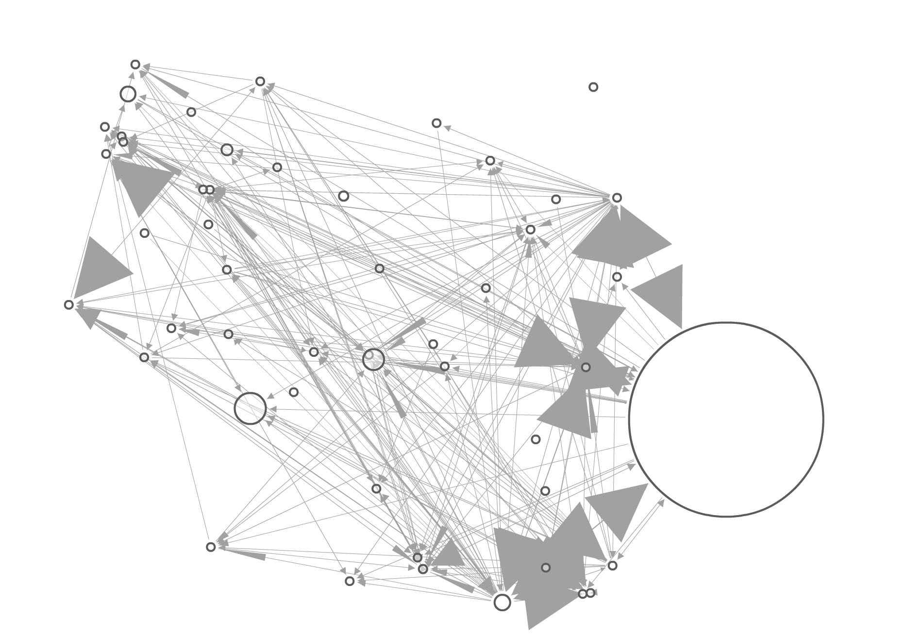 Network diagram showing a complex arrangement of nodes (circles and triangles) connected by numerous arrows, with one large central empty circle.