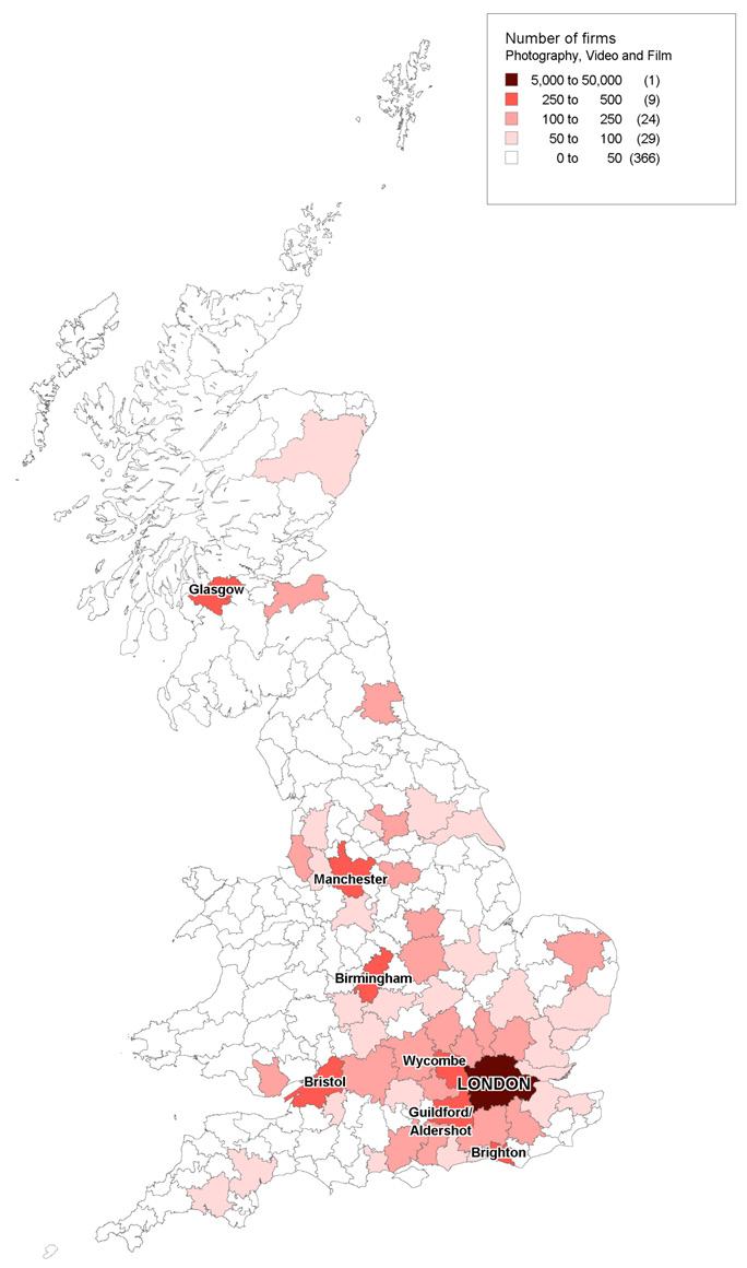 Map of UK showing the number of photography, video, and film firms, with areas shaded by firm count.