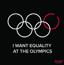 A graphic showing the Olympic rings with one ring incomplete and red, accompanied by the text "I WANT EQUALITY AT THE OLYMPICS."