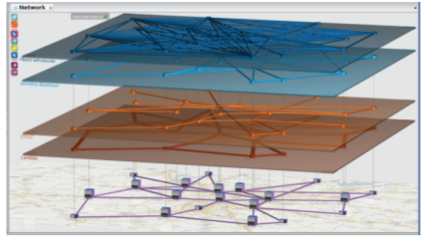 Layered network diagram showing three interconnected networks, with the bottom layer superimposed on a map and the upper layers representing abstract network structures.