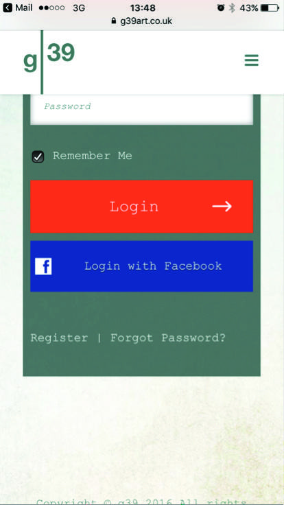 Screenshot of a mobile website login screen with fields for username, password, 'Remember Me' checkbox, and buttons for 'Login' and 'Login with Facebook'.