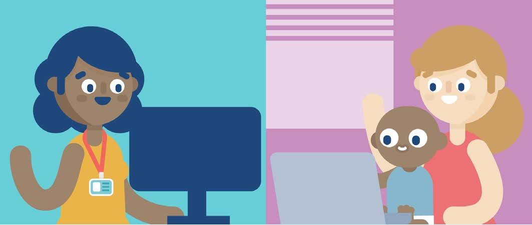 Illustration showing a woman working at a computer on the left and a woman and baby using a laptop on the right, contrasting activities.