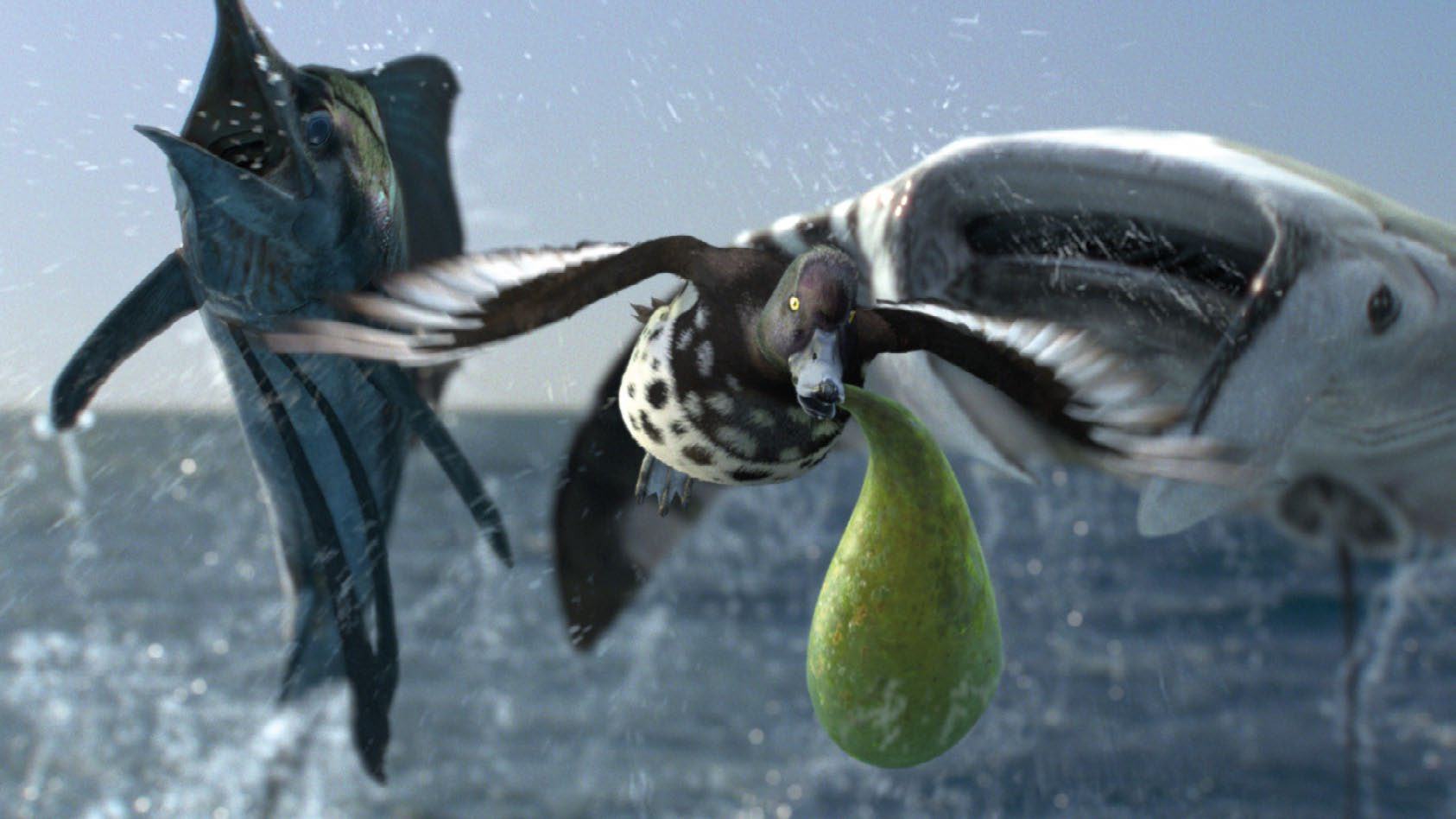 A duck with a green fruit in its beak flying away from a large fish, while another fish leaps from the water.