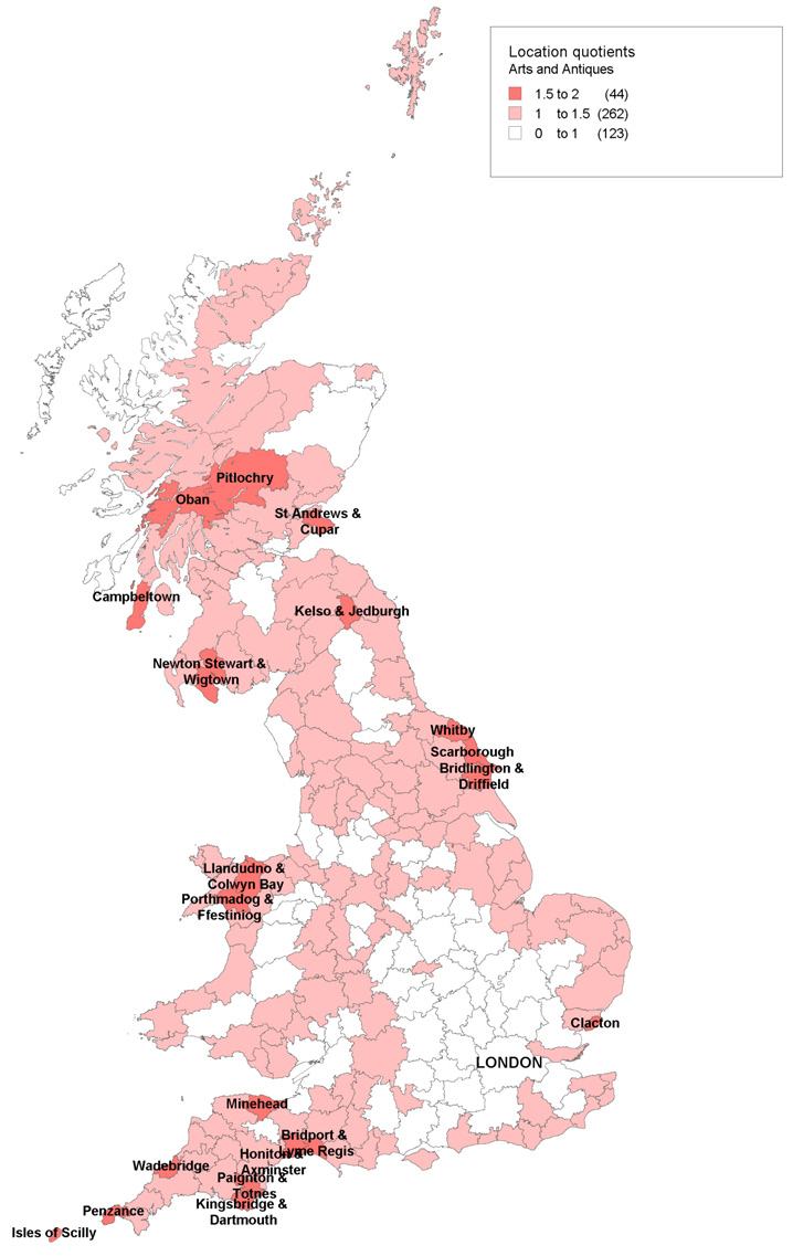 Map of UK showing location quotients for arts and antiques, with areas shaded by concentration.