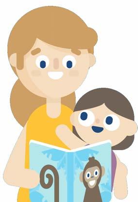 Cartoon illustration of a mother reading a book featuring a monkey to a child.