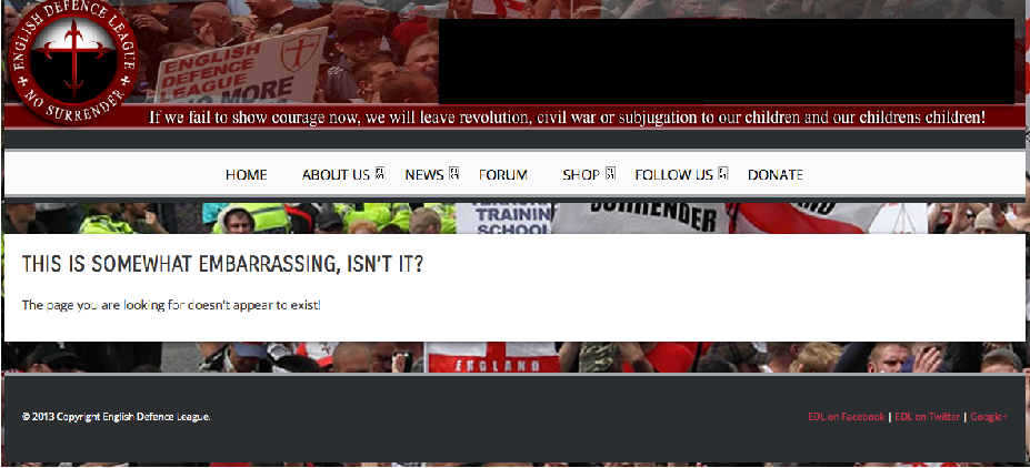 Screenshot of the English Defence League website, showing the banner, navigation, and an error message "The page you are looking for doesn't appear to exist!".