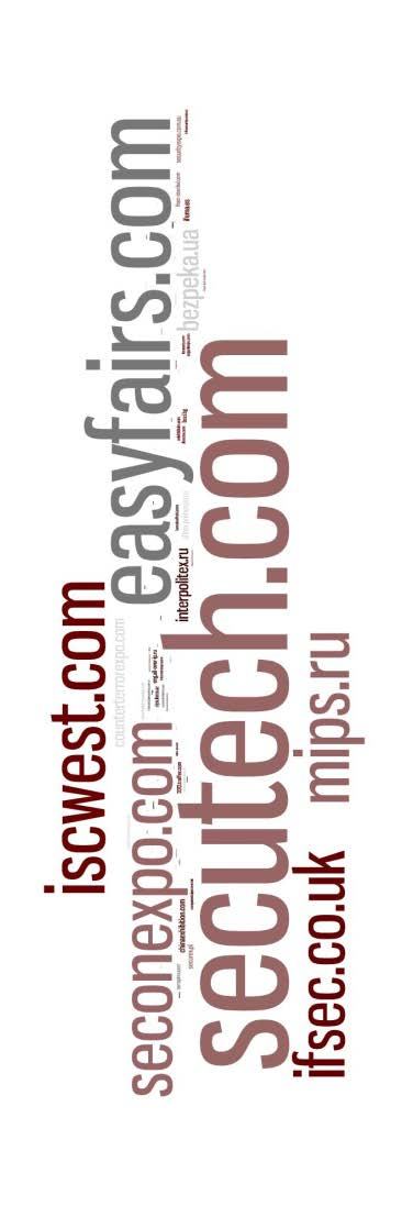 Word cloud visualization of security and exhibition-related domain names, with secutech.com, easyfairs.com, and iscwest.com most prominent.