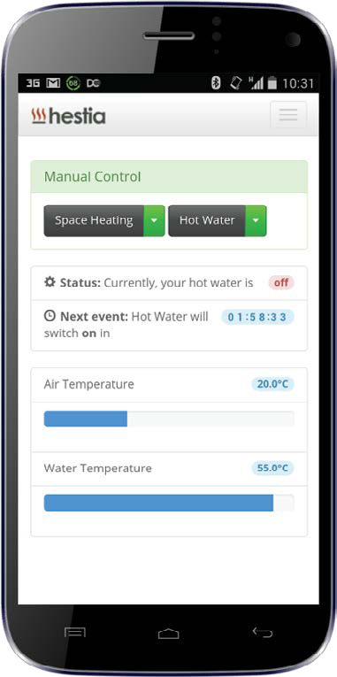 Screenshot of the Hestia mobile app displaying manual control options for space heating and hot water, including status, next event, and temperature settings.