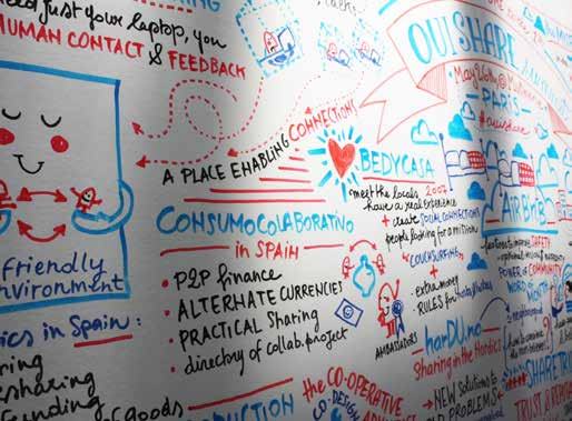 Close-up of a whiteboard with handwritten notes and diagrams in red and blue, covering concepts like collaborative consumption and P2P finance.