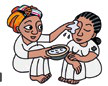 Illustration of one person comforting another with an ice pack and water, representing care or empathy.