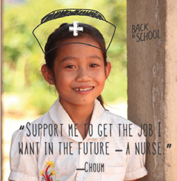 Portrait of a young girl wearing a drawn nurse hat with a quote, "Support me to get the job I want in the future – a nurse."