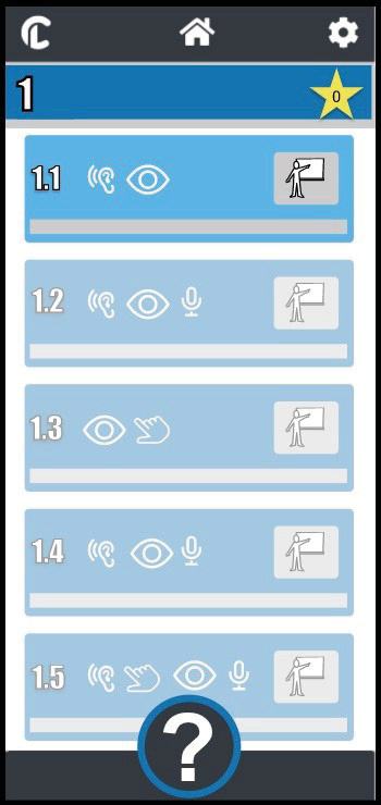 Mobile app screenshot displaying sub-sections (1.1-1.5) of a lesson, each with icons for different learning modes like audio, visual, and interaction.