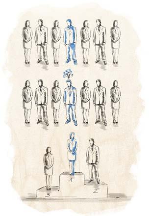 Illustration of groups of people, with selected individuals leading to a podium ranking, representing selection or achievement.
