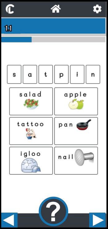 Mobile app screenshot showing a phonics exercise with letters (s, a, t, p, i, n) and corresponding word-image pairs like 'salad' and 'apple'.