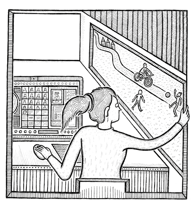 Line art of a person at a computer with video calls and data, simultaneously viewing a projected outdoor scene with a cyclist and people playing.