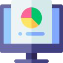 Icon of a computer monitor displaying a pie chart, representing data analysis.