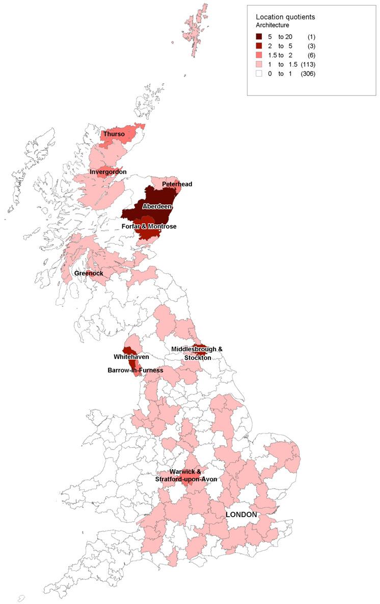 Map of UK showing location quotients for architecture, with areas shaded by concentration.