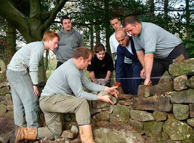 Several men collaborating to build a dry stone wall, demonstrating a craft or community project.