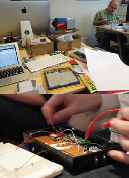 Top image shows a desk with computer and electronics components