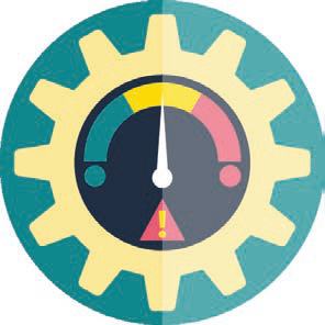 Conceptual icon of a gear with a gauge showing a performance indicator with a warning, symbolizing settings, measurement, or risk.