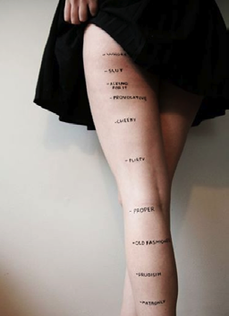 A person's legs with judgmental words written on them, illustrating social labels and societal judgment.