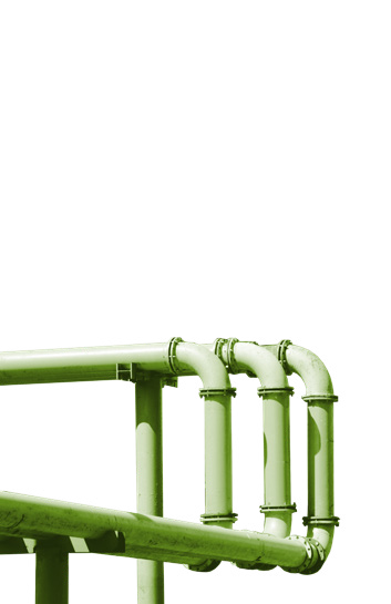 Stylized image of green industrial pipes connected with elbows.