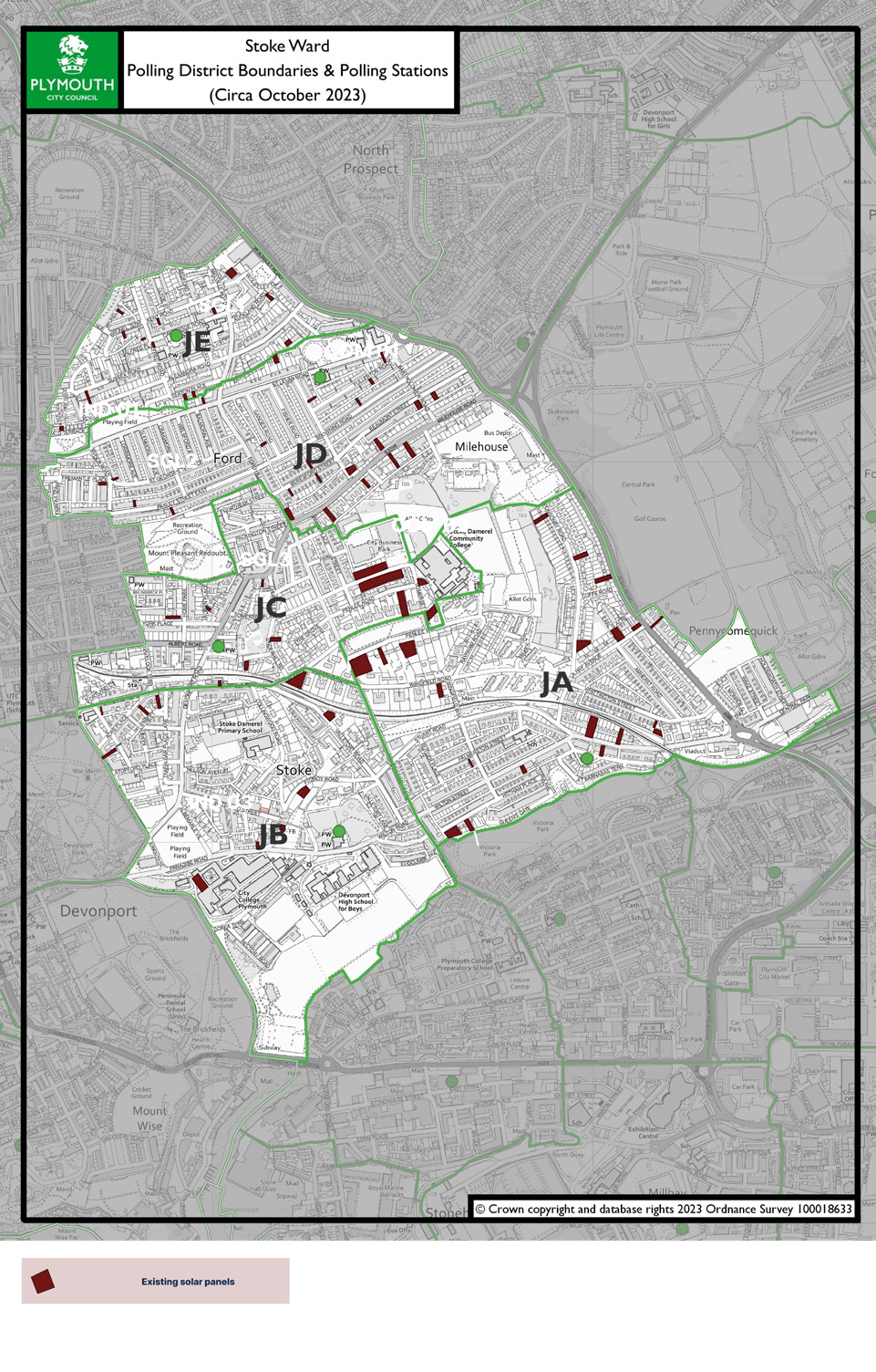 Map of Stoke Ward in Plymouth showing polling district boundaries (JE-JB) and polling station locations, circa October 2023.