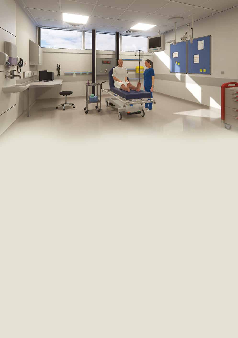 Modern medical examination room with a patient on a gurney, attended by a doctor and nurse, surrounded by medical equipment.
