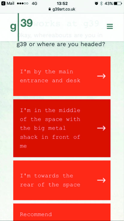Screenshot of a mobile website asking user location within g39, showing three interactive buttons for different areas: entrance, middle, and rear of space.